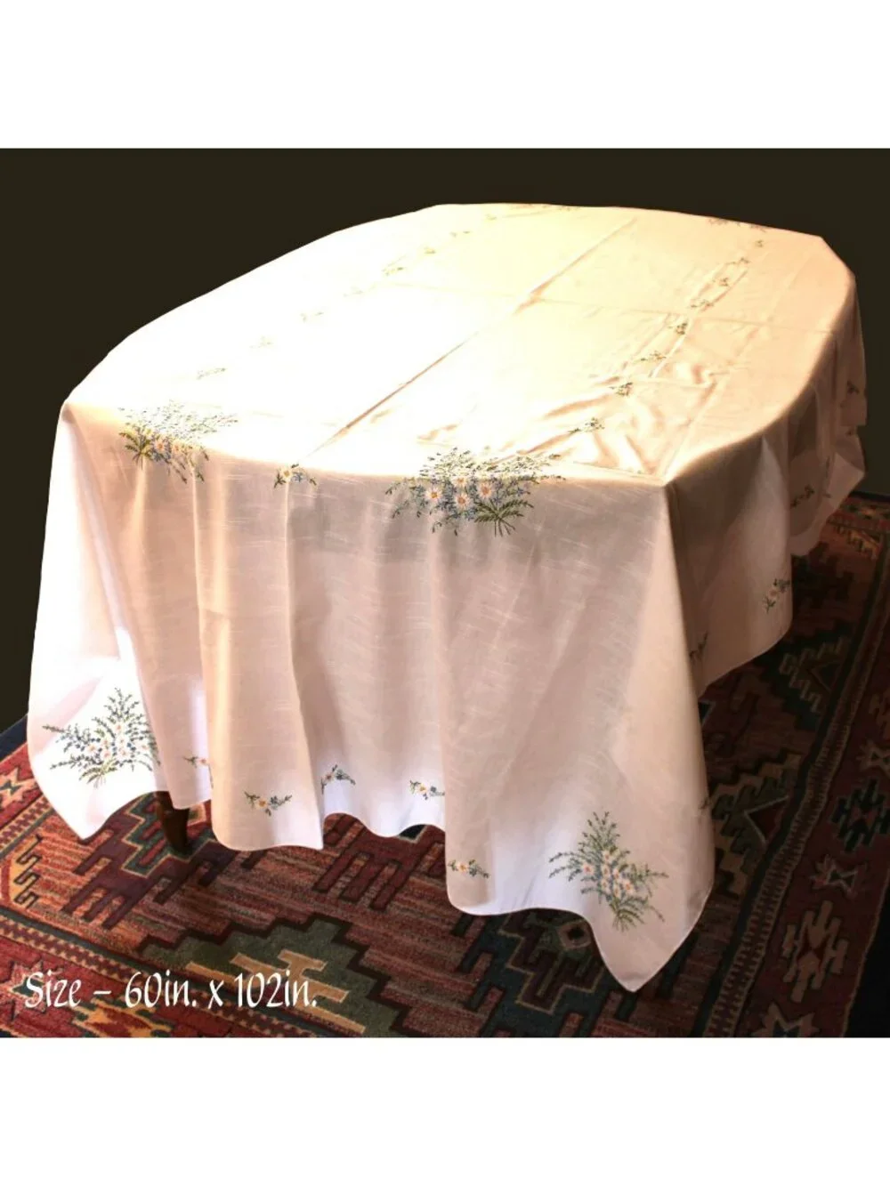 Vintage Tablecloth Hand Embroidered Flowers Stitched Floral Appliqué 60 x 102